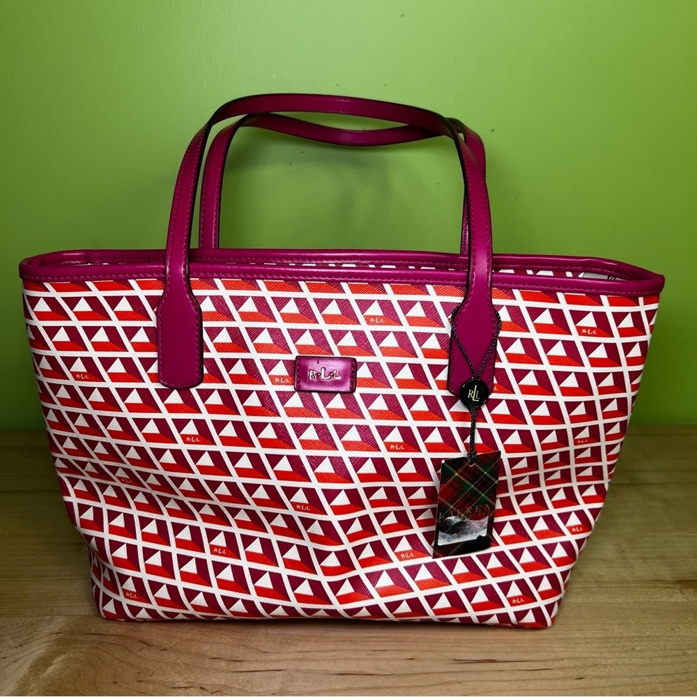 NWT Ralph Lauren Pink Multi Color Romilly Tile II Classic Tote Shoulder Bag